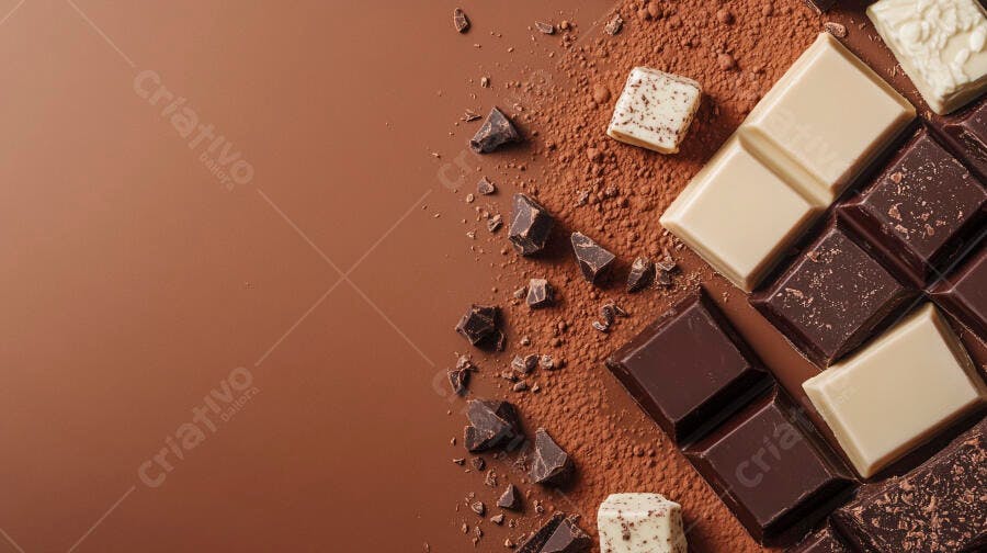 Barras de chocolate sortidas com cacau em pó vista superior