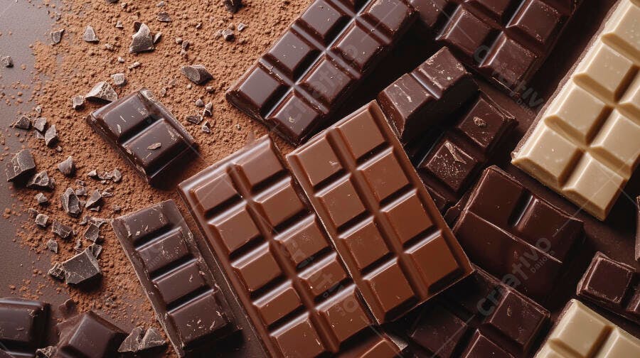 Barras de chocolate escuro ao leite e branco com pedaços e cacau em pó