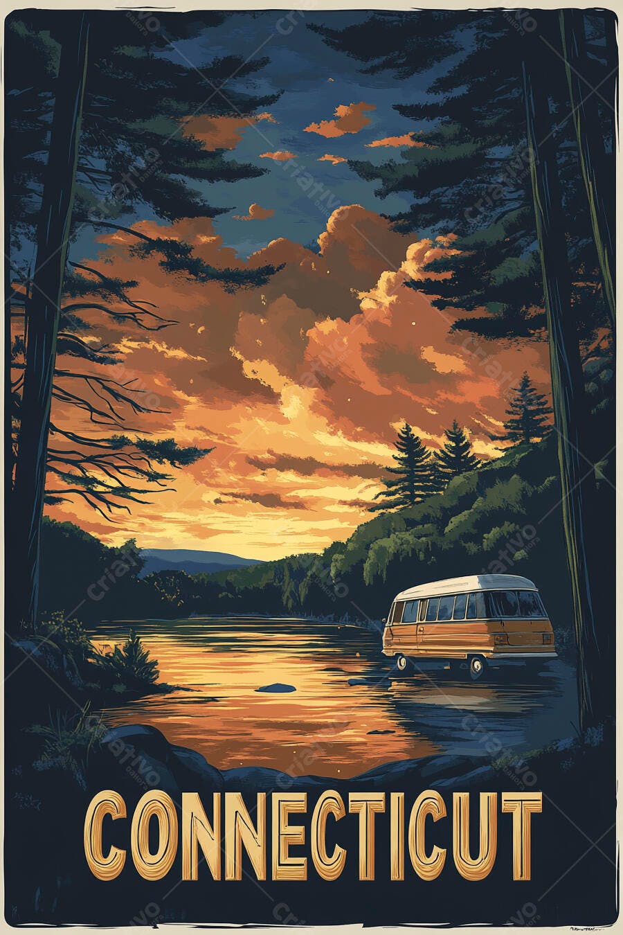 Poster de viagem Connecticut van amarela vintage pôr do sol lago floresta