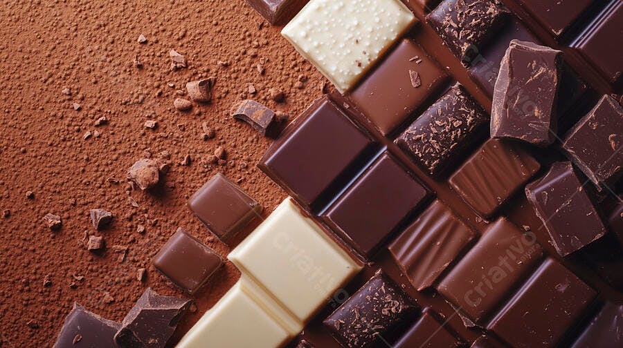 Chocolates branco ao leite e amargo barras e pedaços com pó de cacau