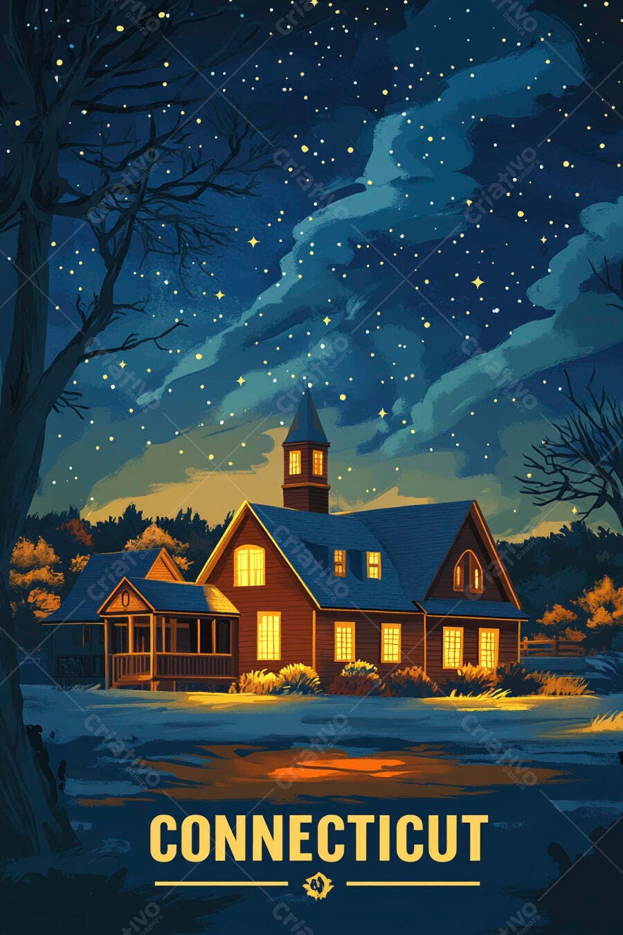 Casa noturna iluminada sob céu estrelado em Connecticut
