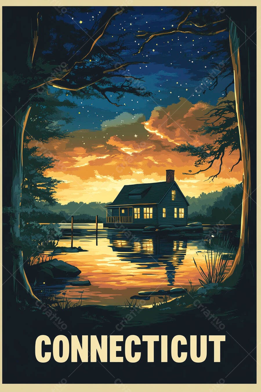 Casa de campo no lago ao entardecer com céu estrelado Connecticut
