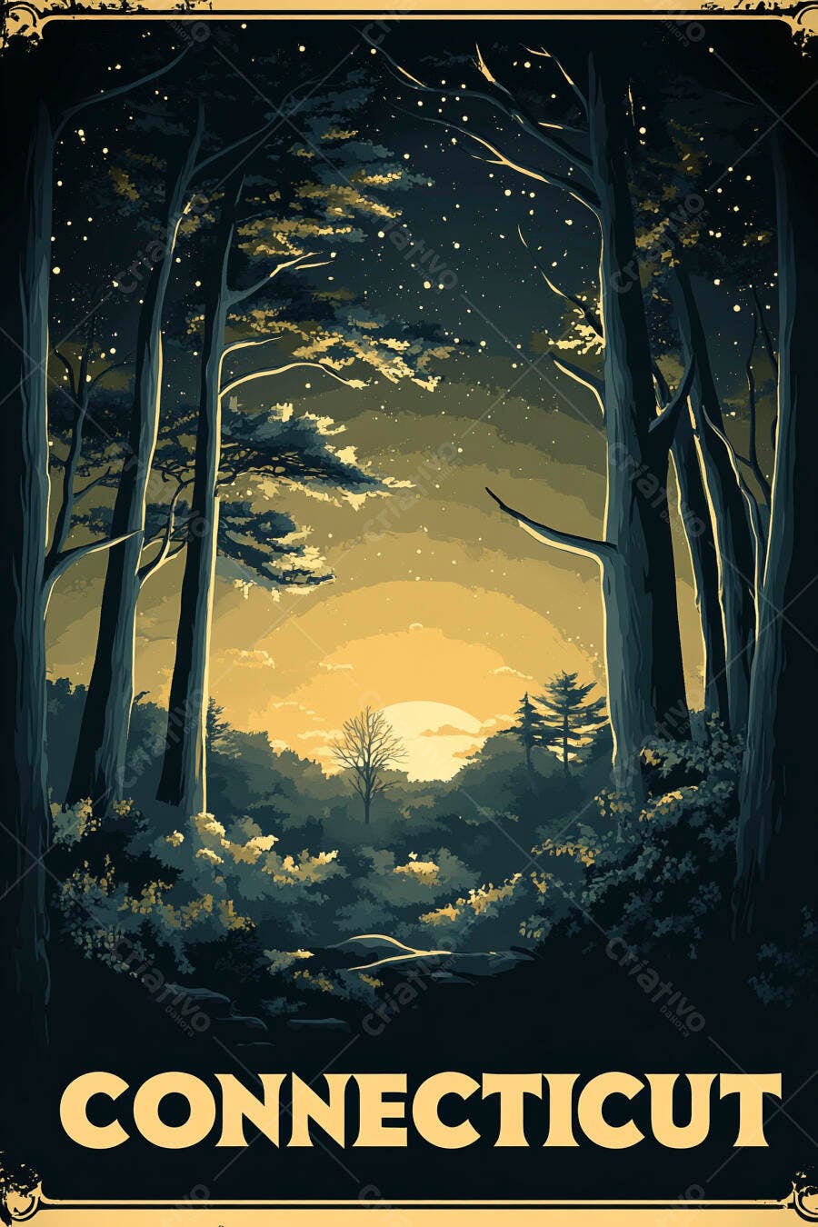 Floresta escura pôr do sol em Connecticut ilustração poster vintage