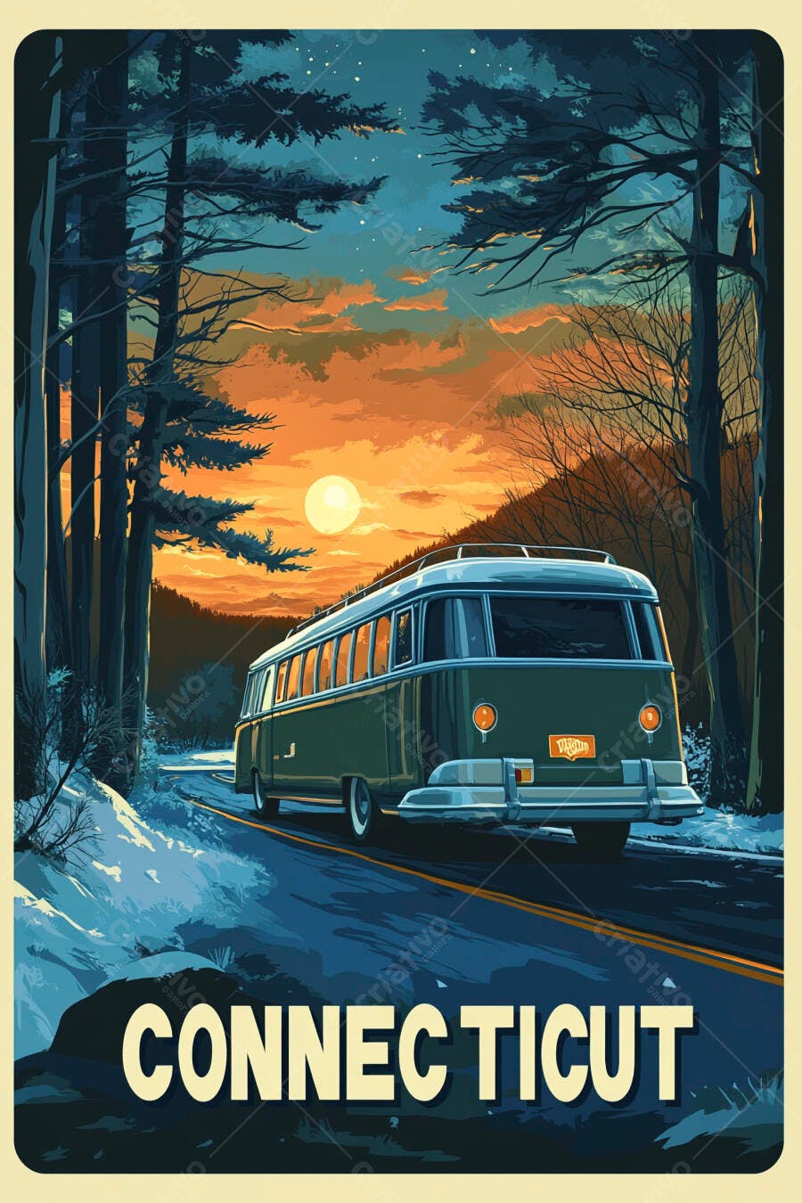 Ônibus vintage viajando por estrada nevada em Connecticut ao pôr do sol