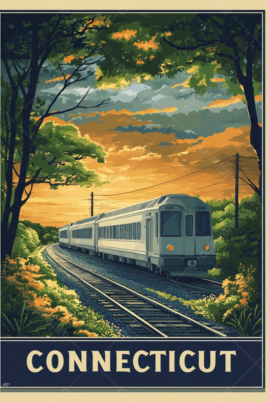 Trem de passageiros trilhos Connecticut paisagem rural pôr do sol
