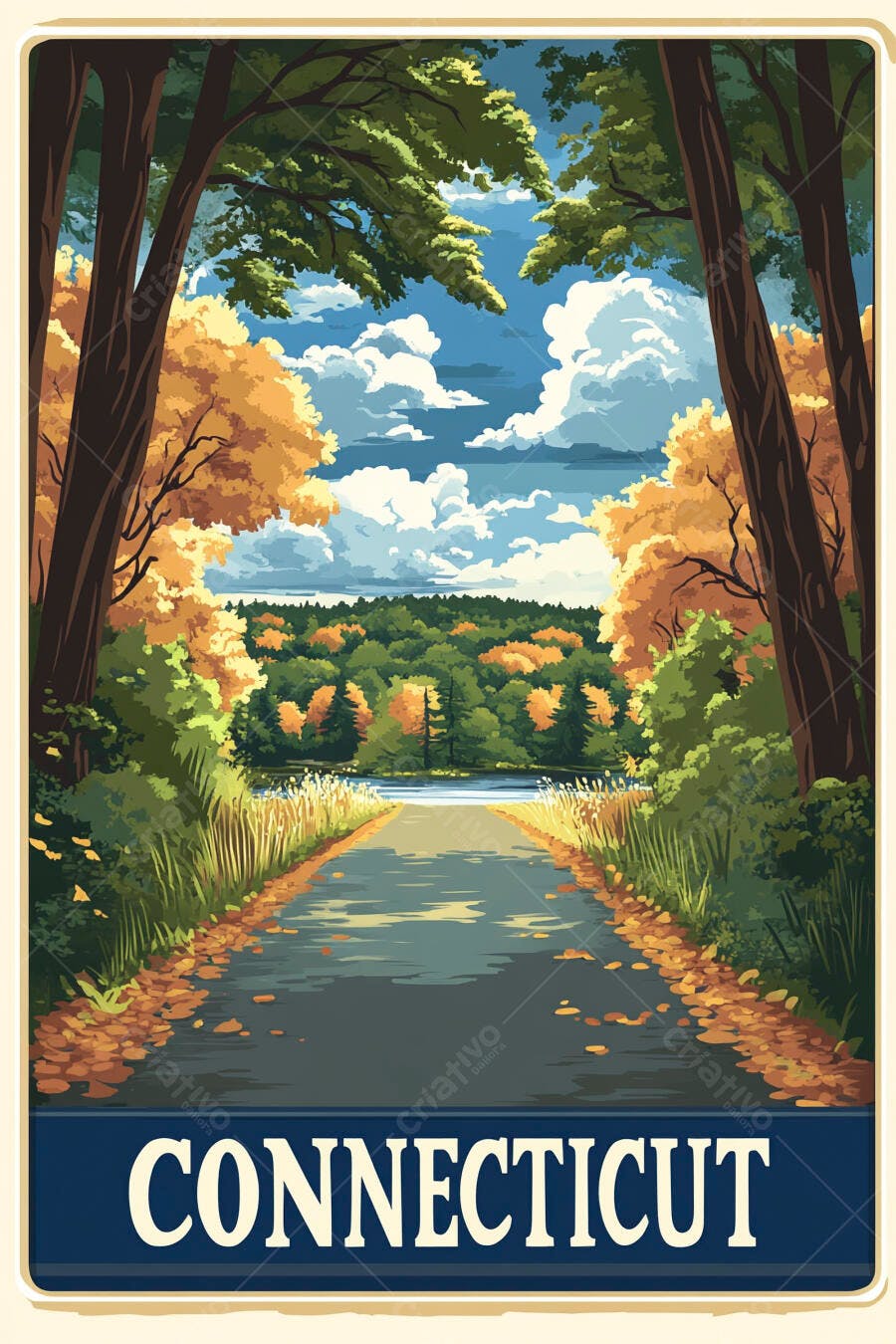 Pôster vintage Connecticut estrada outono com folhas caídas e lago