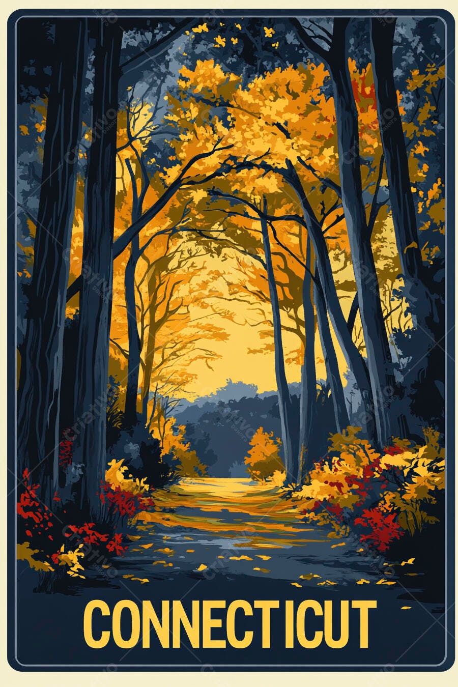 Trilha de outono em floresta de Connecticut com árvores amarelo-alaranjadas