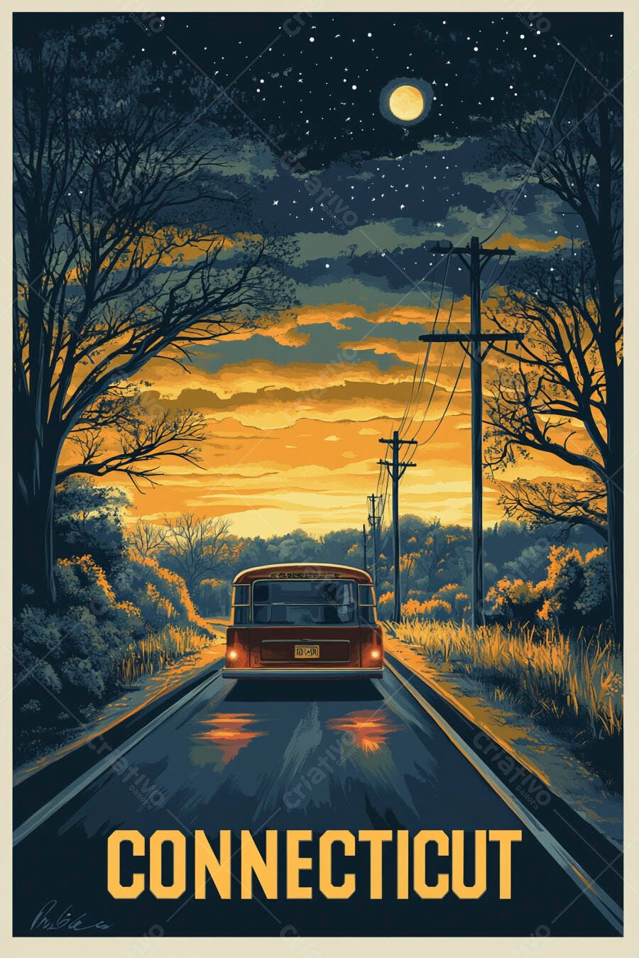 Ônibus vintage em estrada rural de Connecticut ao anoitecer
