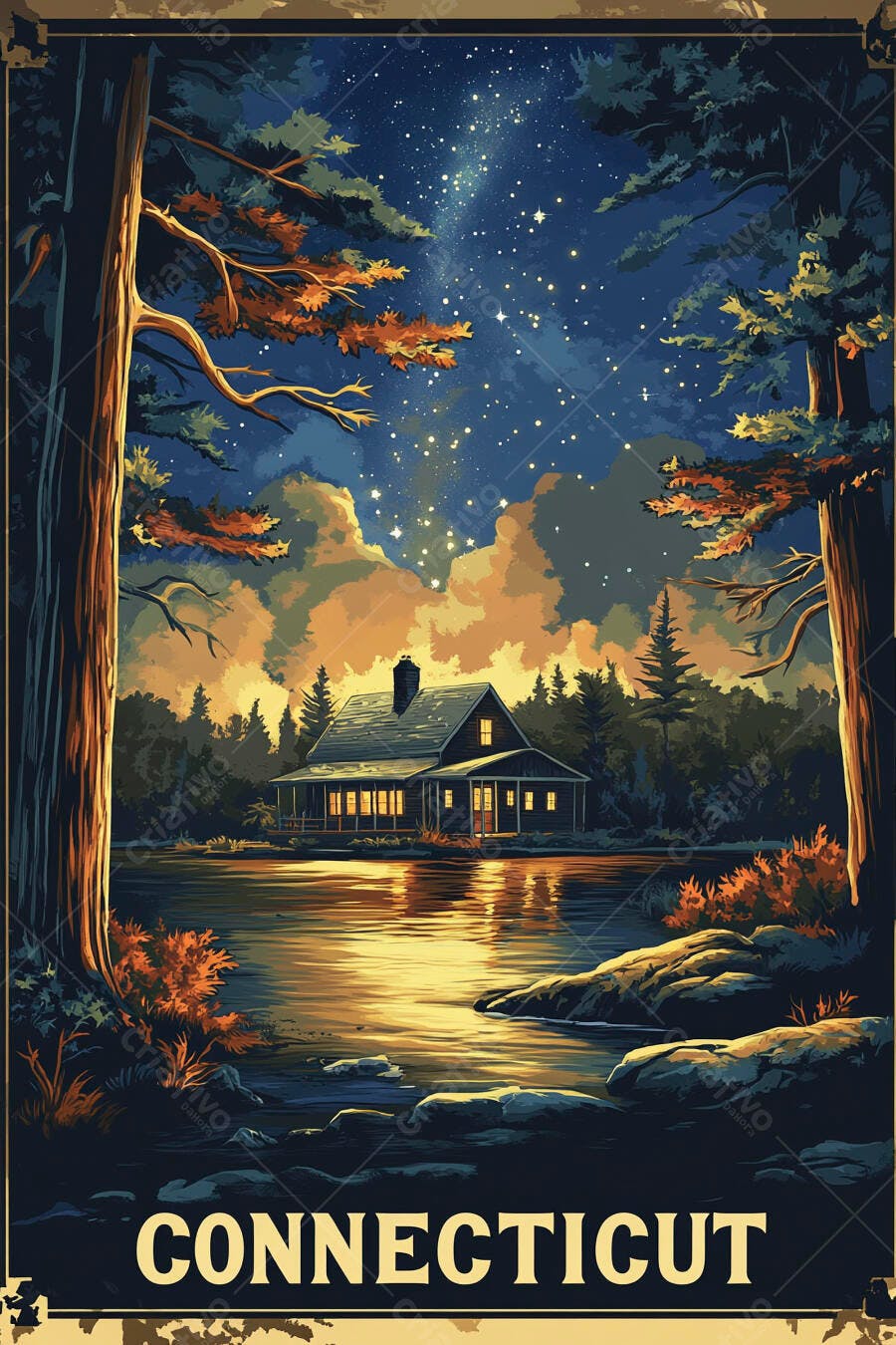 Cabana rústica à beira do lago sob céu estrelado em Connecticut