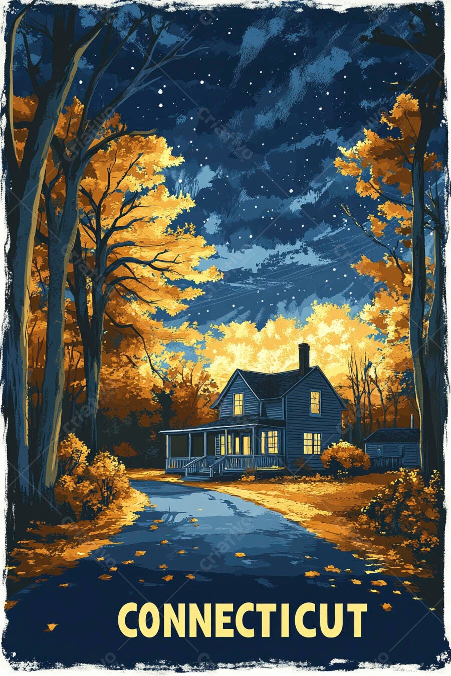 Casa rural em Connecticut na noite de outono com céu estrelado