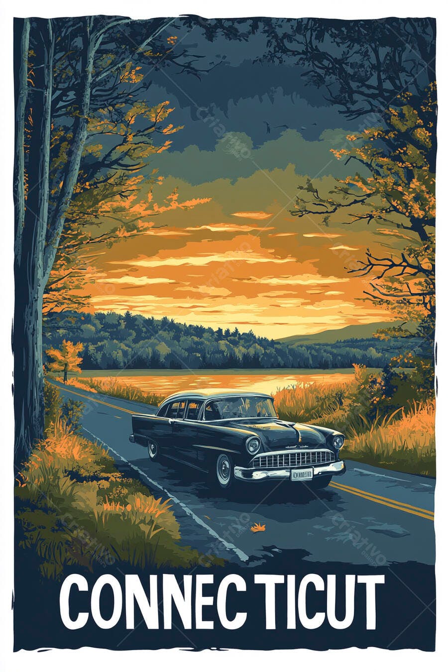 Carro clássico vintage preto em estrada rural de Connecticut ao pôr do sol