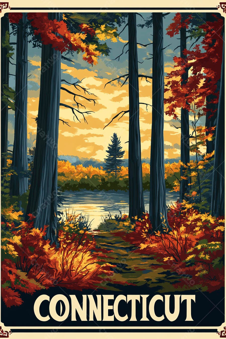 Floresta de outono em Connecticut com árvores e lago ao pôr do sol