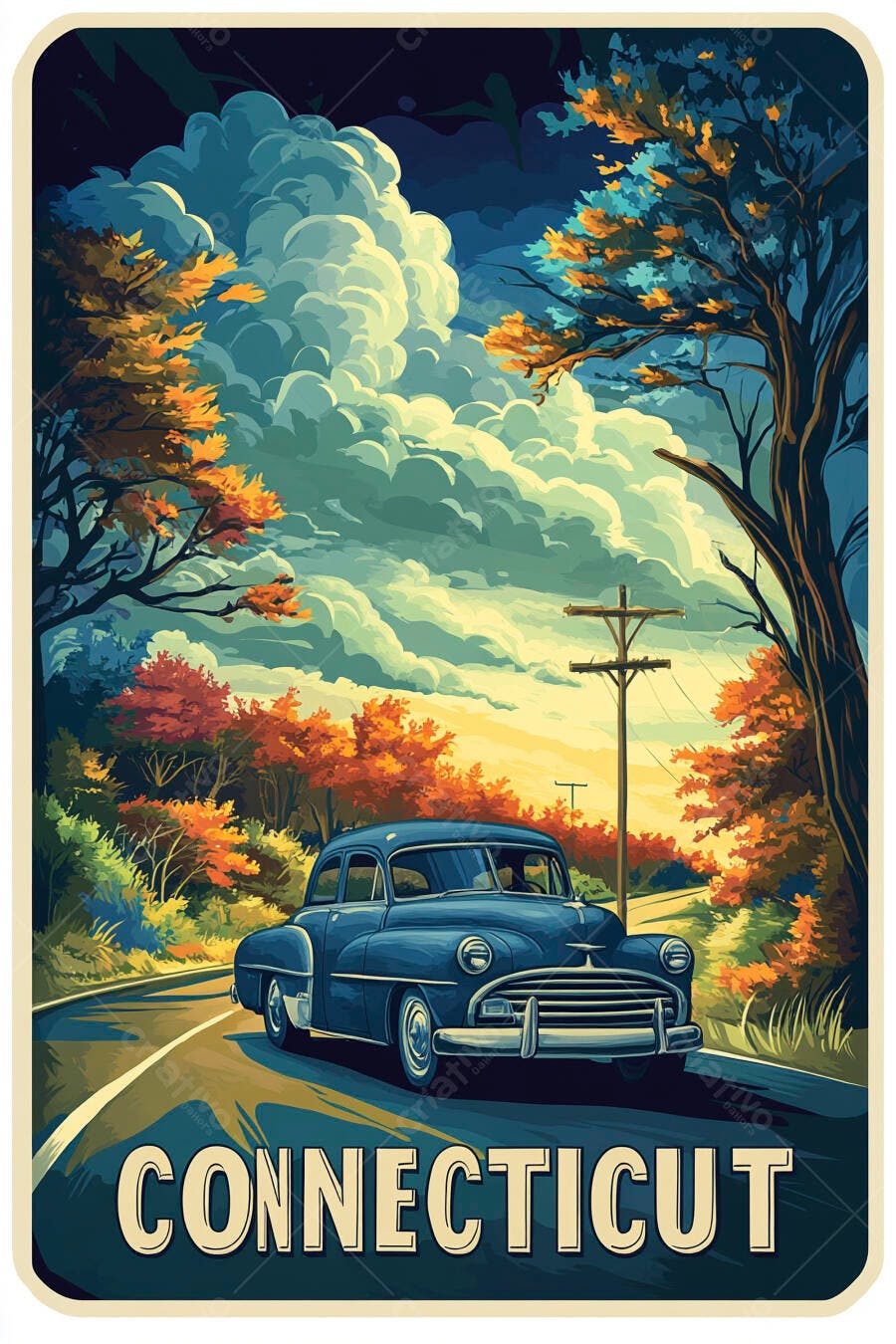 Carro clássico azul na estrada de Connecticut no outono
