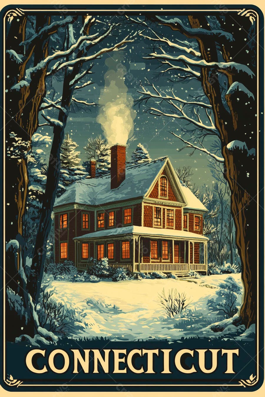 Casa colonial vermelha com neve em Connecticut noite de inverno aconchegante