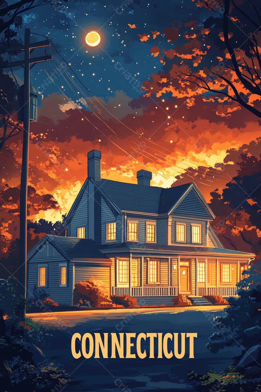 Casa tradicional azul iluminada em Connecticut à noite com céu laranja e lua