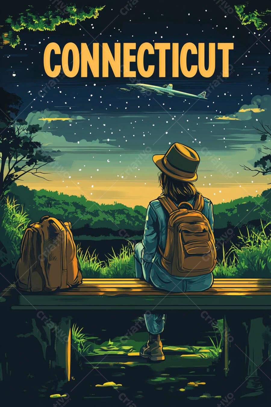 Pessoa viajante em banco observando céu estrelado de Connecticut com avião e mochila