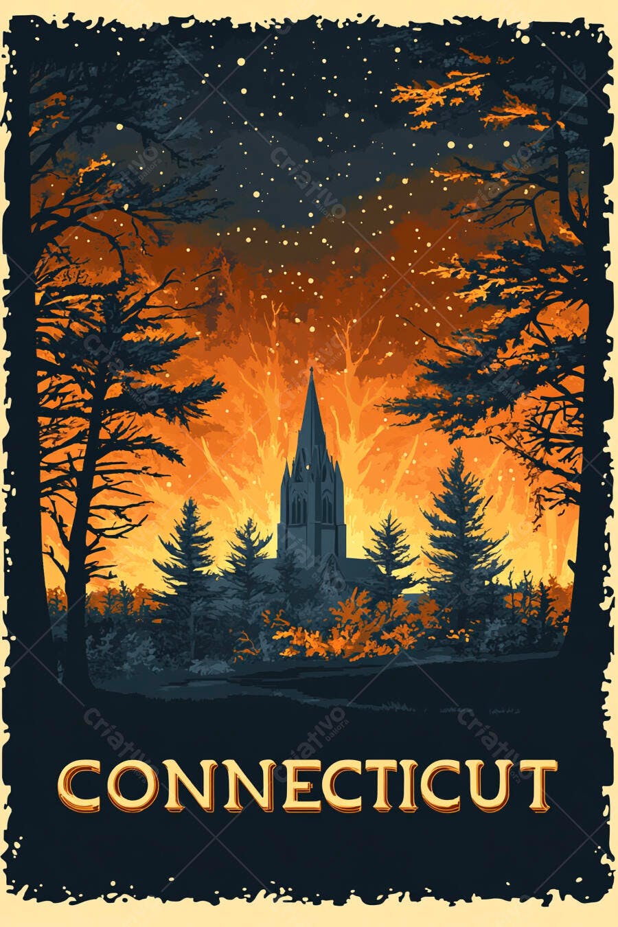 Igreja gótica na floresta com céu estrelado e brilho laranja Connecticut