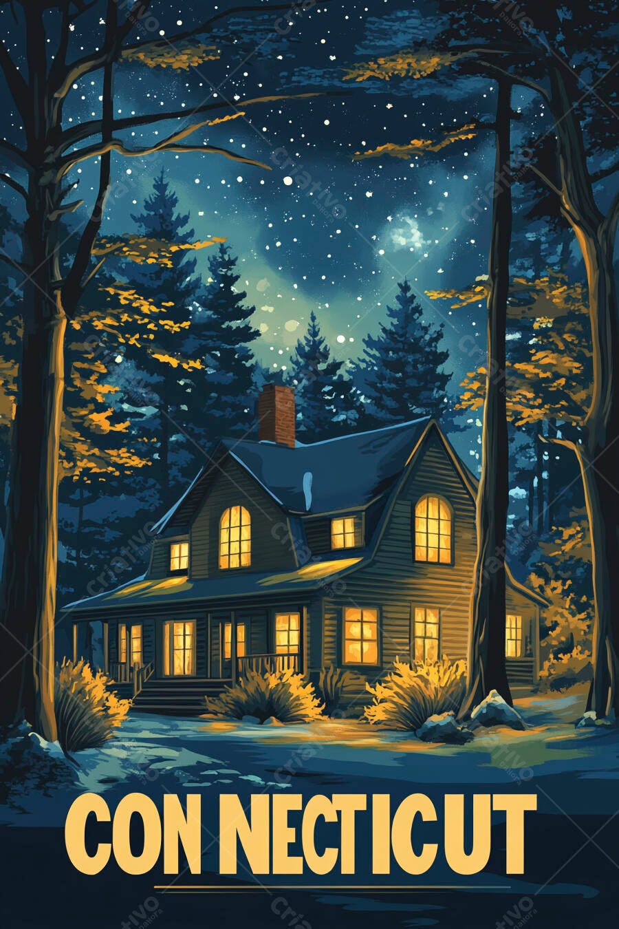 Casa aconchegante na floresta de Connecticut sob céu estrelado à noite