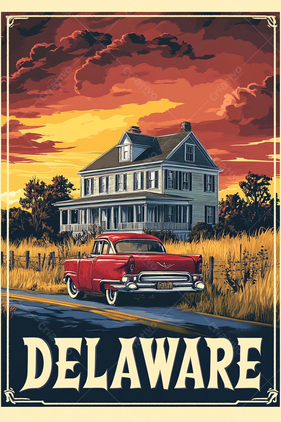 Carro vintage vermelho com casa histórica em Delaware ao pôr do sol