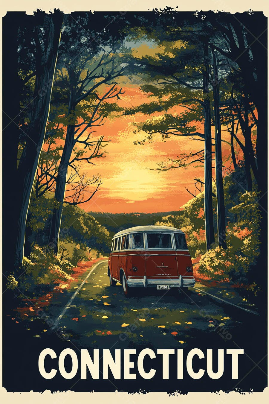 Kombi vermelha vintage em estrada florestal ao pôr do sol em Connecticut