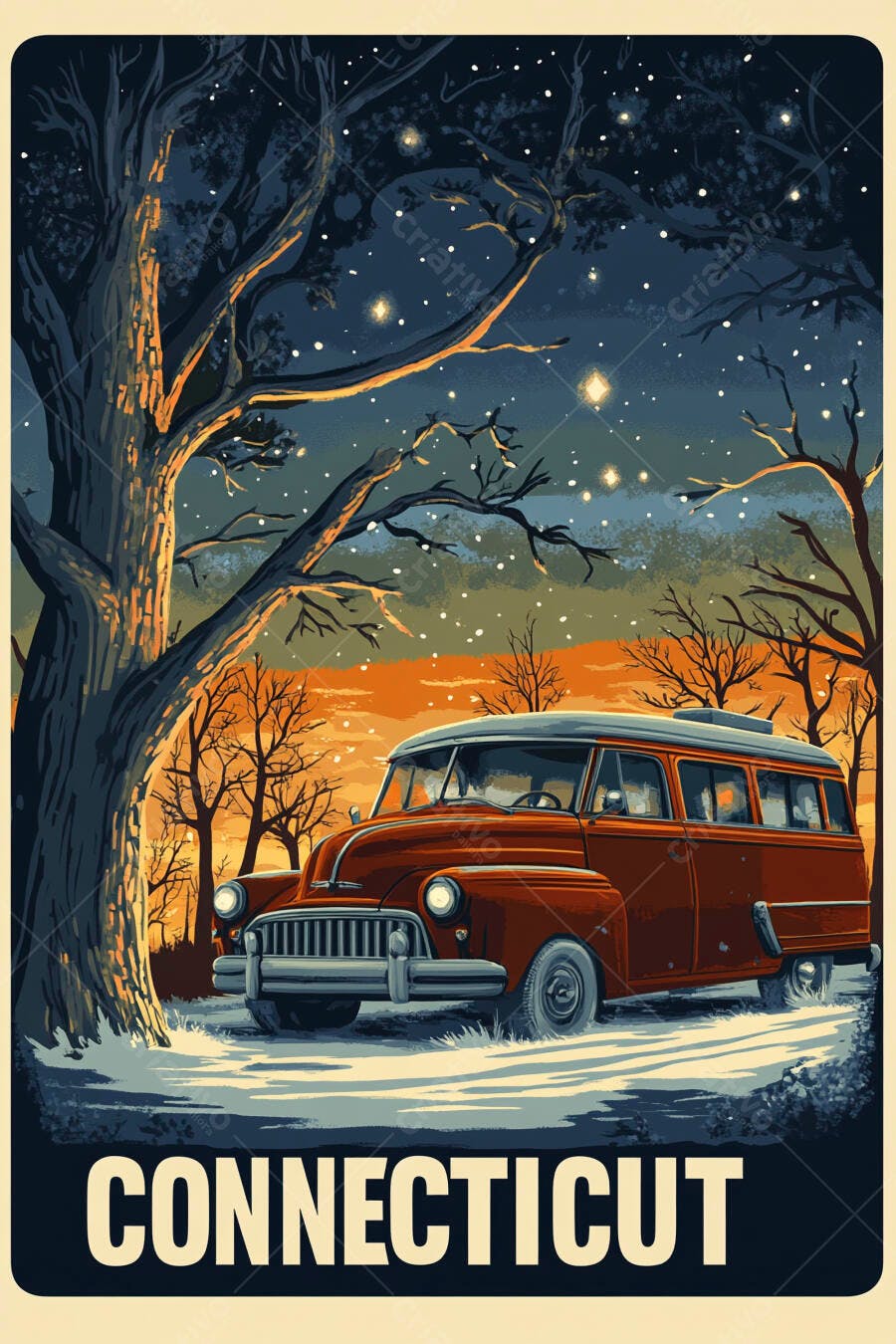 Carro vintage em paisagem nevada Connecticut sob céu estrelado
