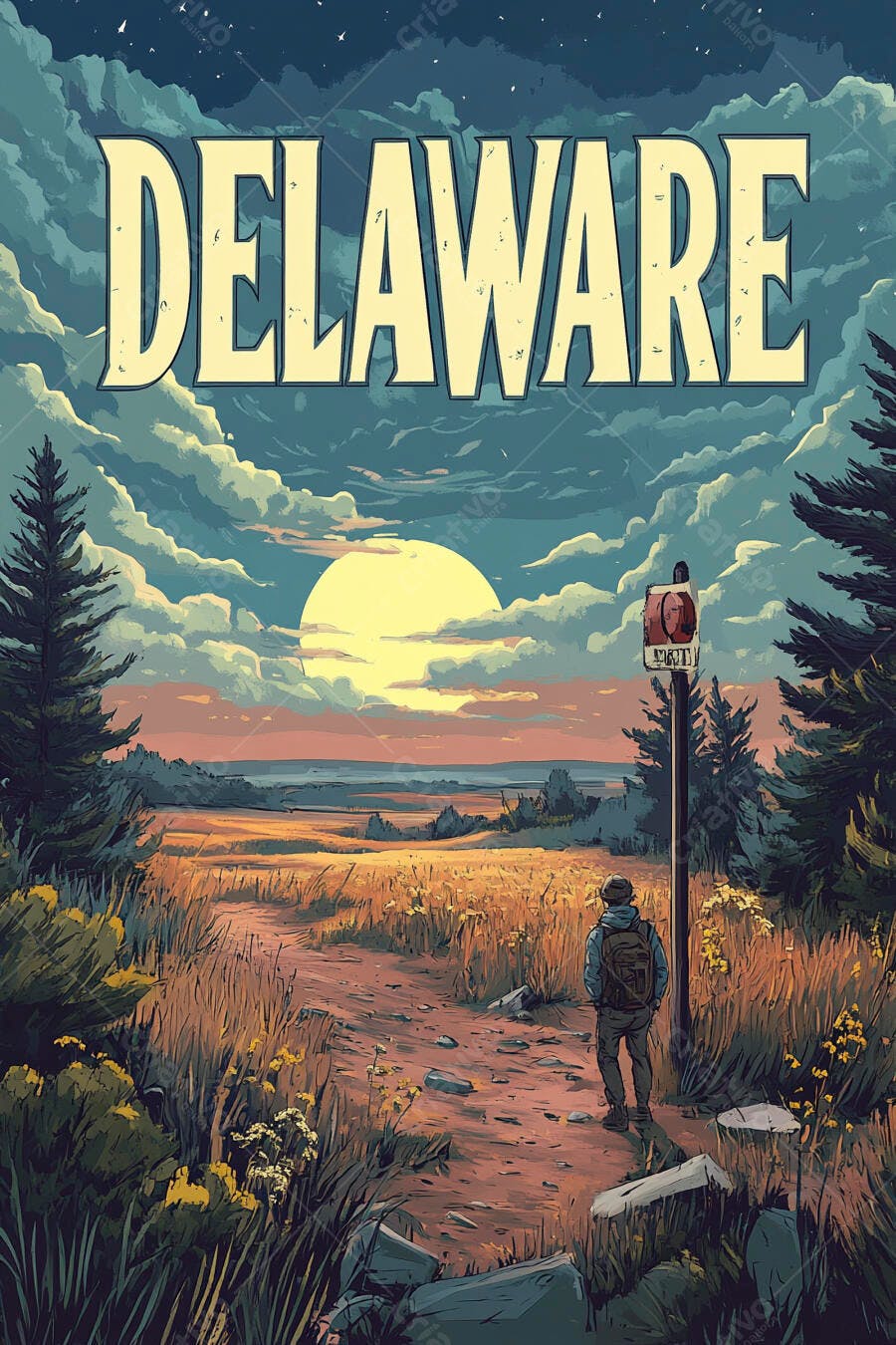 DELAWARE ilustração de pôr do sol campo com viajante e pinheiros