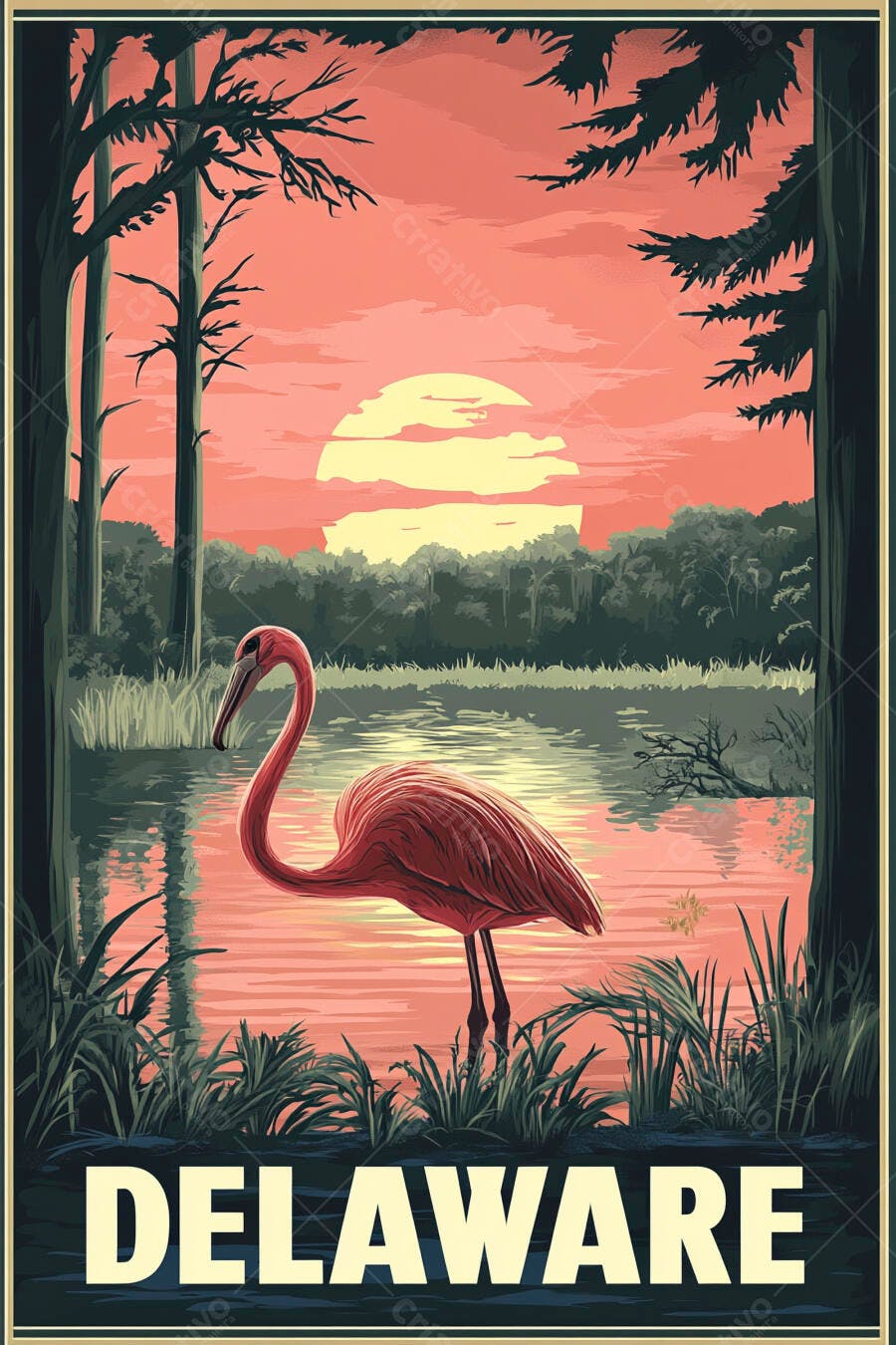 Flamingo rosa em lago ao pôr do sol ilustração pôster vintage Delaware