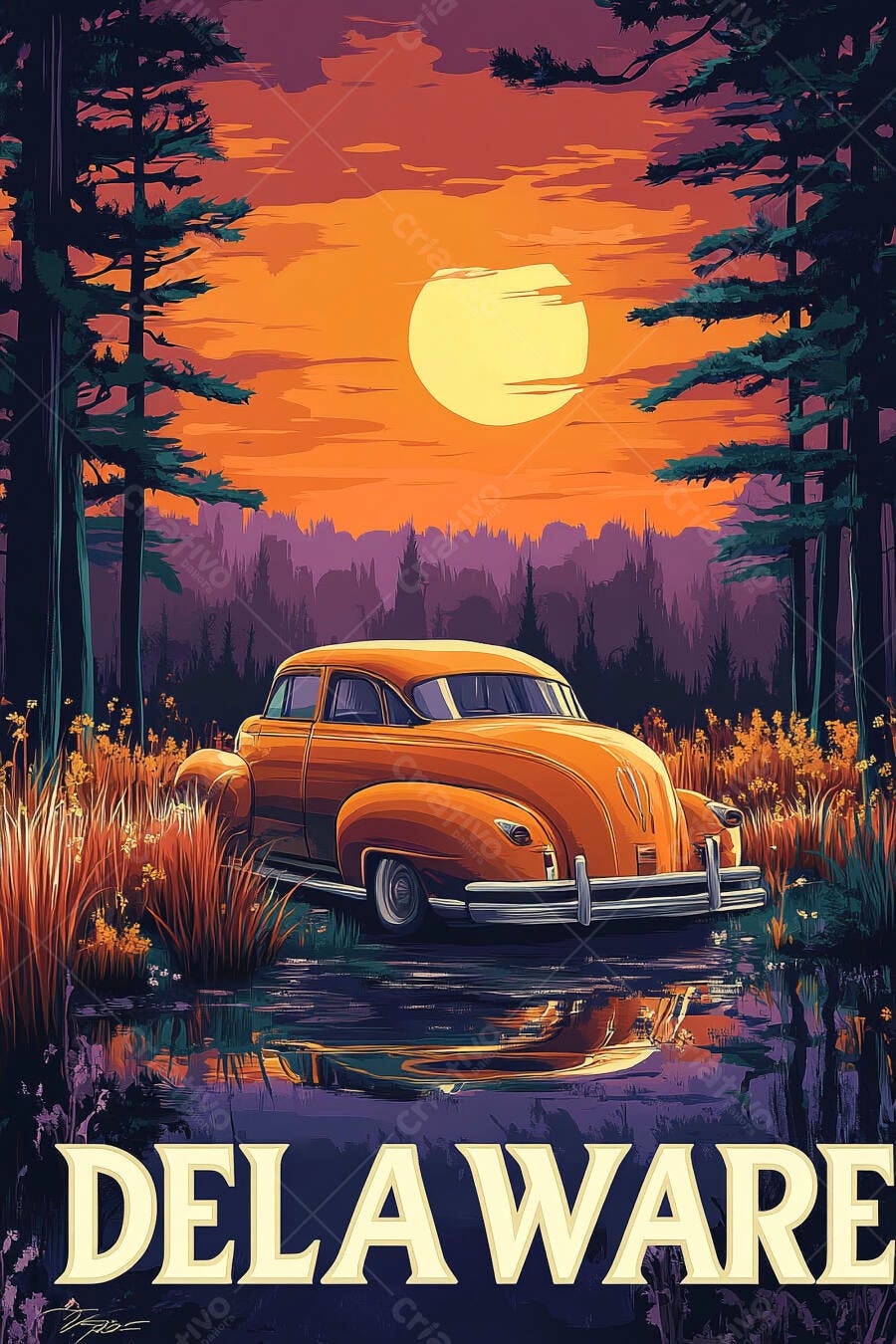 Carro clássico laranja em paisagem de Delaware ao pôr do sol