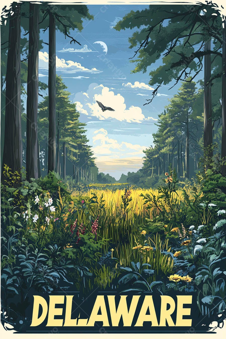 Pôster vintage floresta densa campo dourado pássaro em Delaware