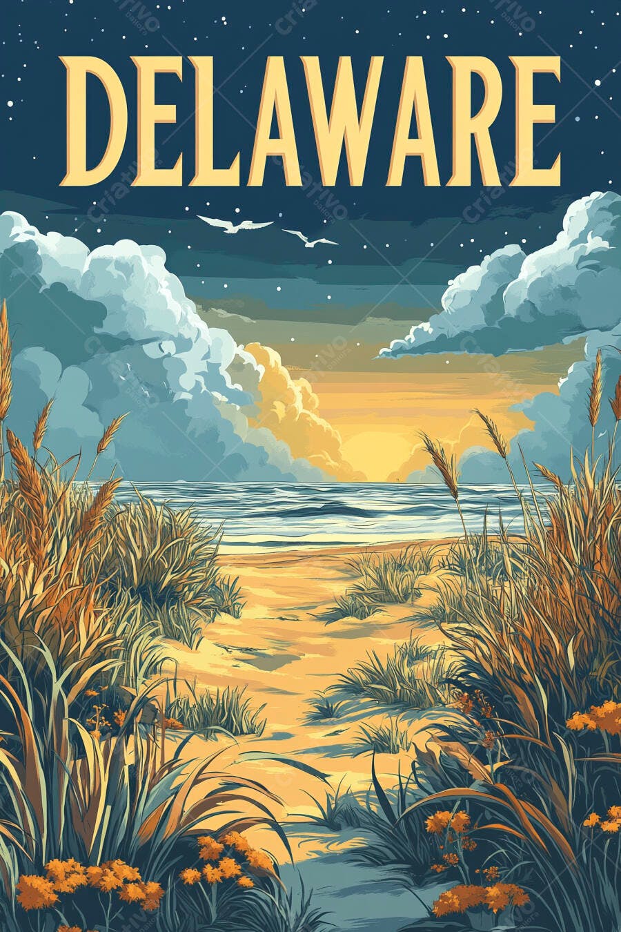 Cartaz de viagem Delaware pôr do sol na praia com dunas e gaivotas