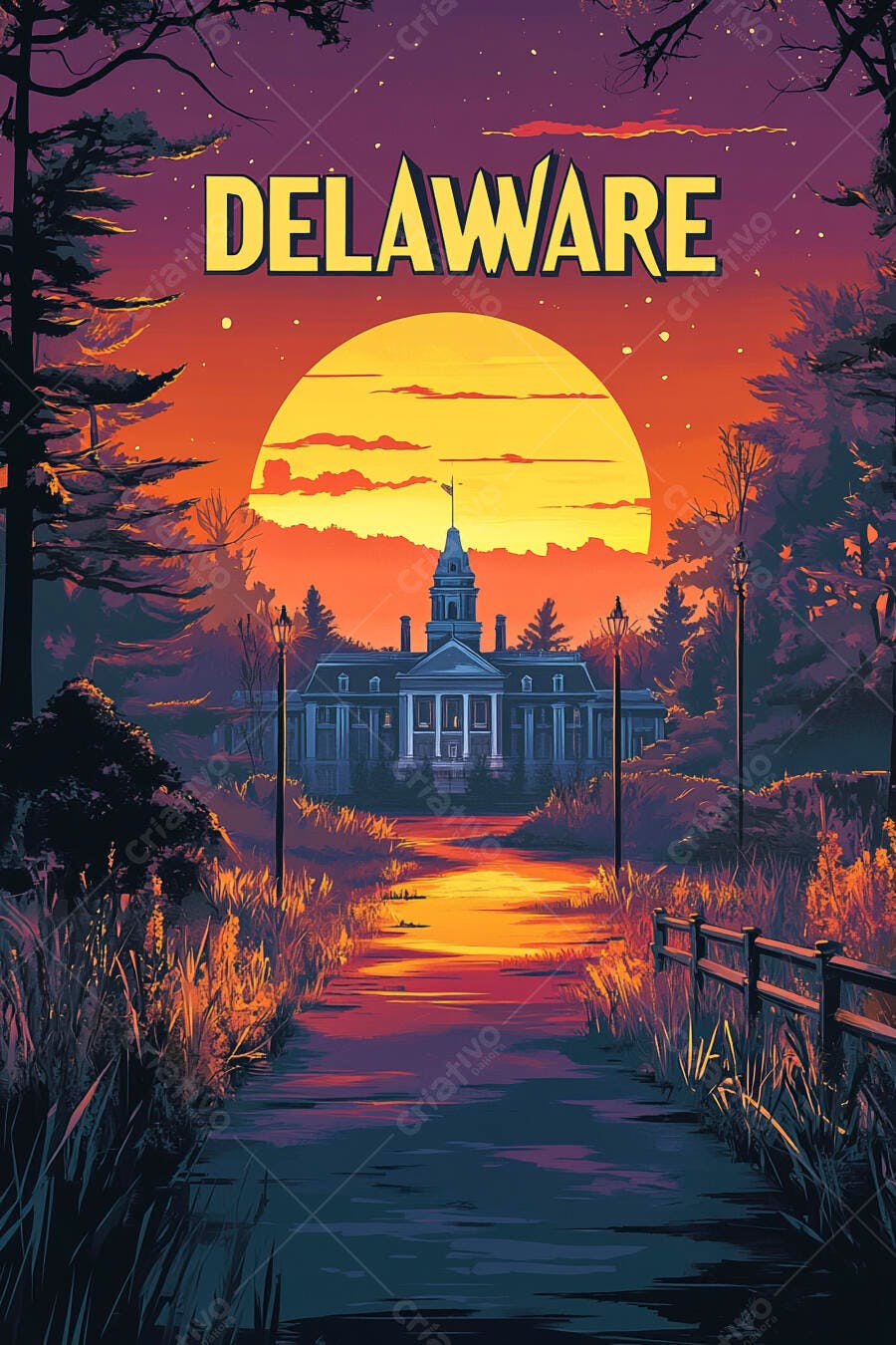 Edifício histórico do Delaware pôr do sol laranja roxo caminho arborizado
