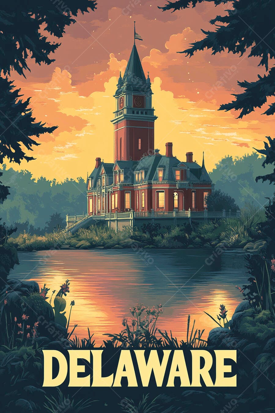 Edifício histórico de tijolos vermelhos e torre do relógio refletindo no lago ao pôr do sol em Delaware