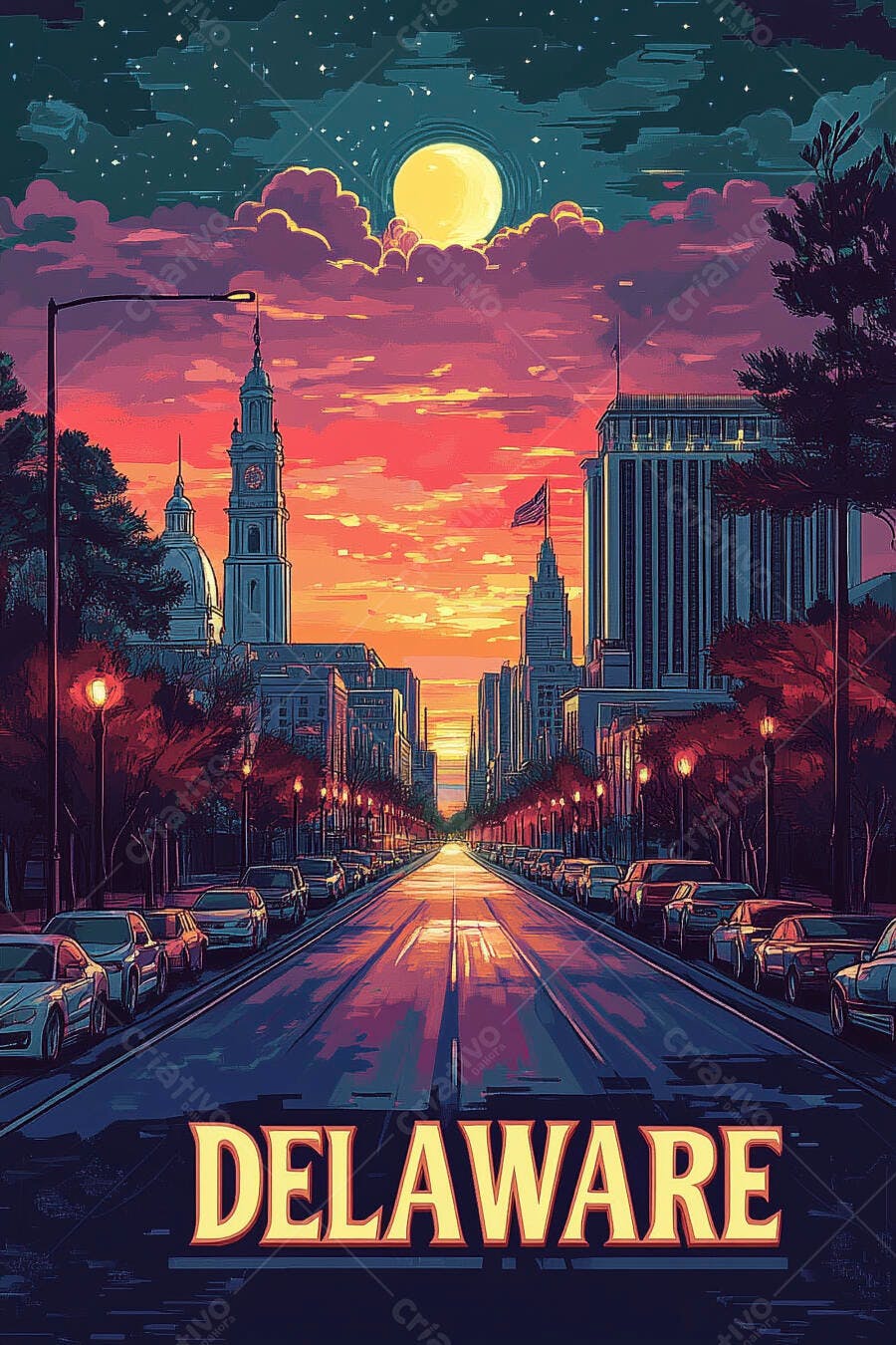 Delaware cidade ao pôr do sol com lua cheia céu laranja roxo e rua com carros