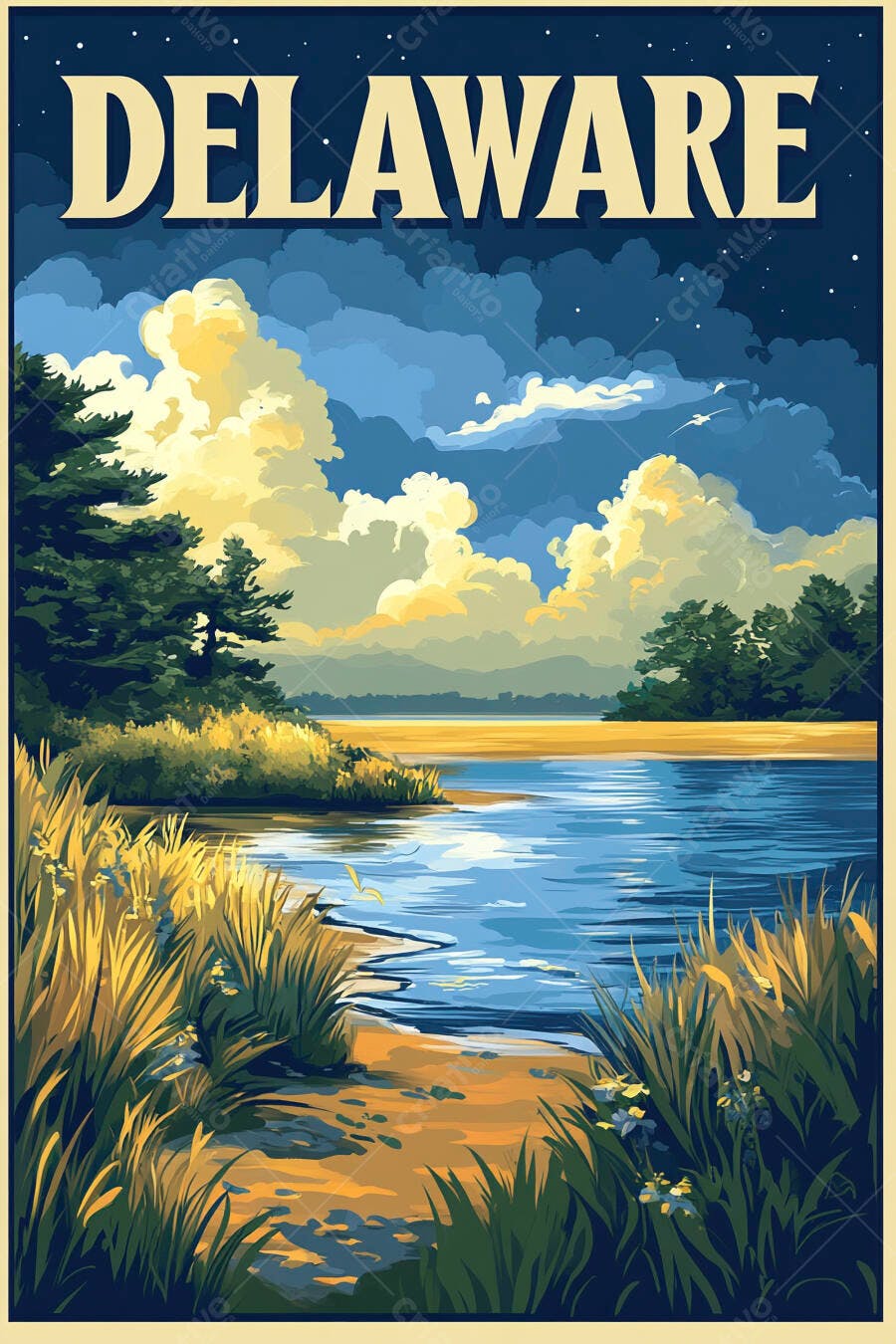 Pôster de viagem Delaware paisagem natural lago árvores verdes e céu nublado