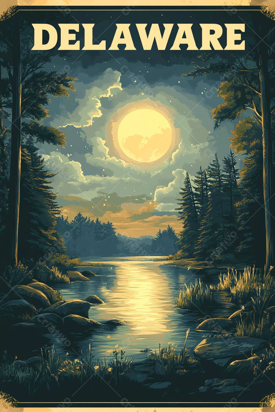 Paisagem noturna de Delaware com lago floresta sob lua cheia brilhante