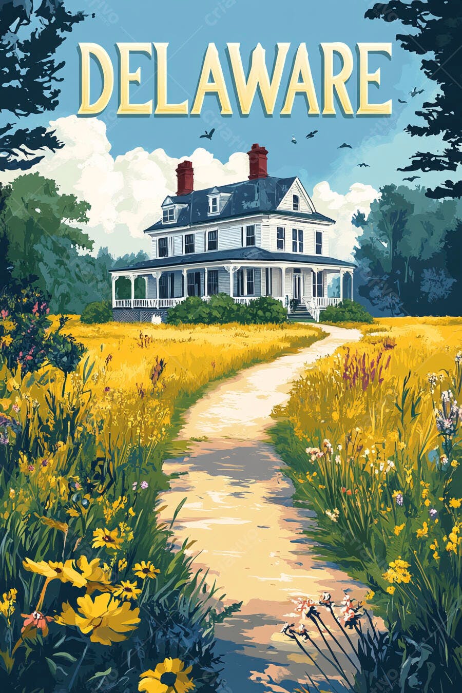 Casa histórica branca em campo dourado com caminho de terra e nome Delaware