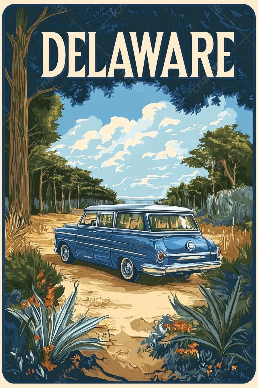 Station wagon azul vintage em estrada de terra no Delaware