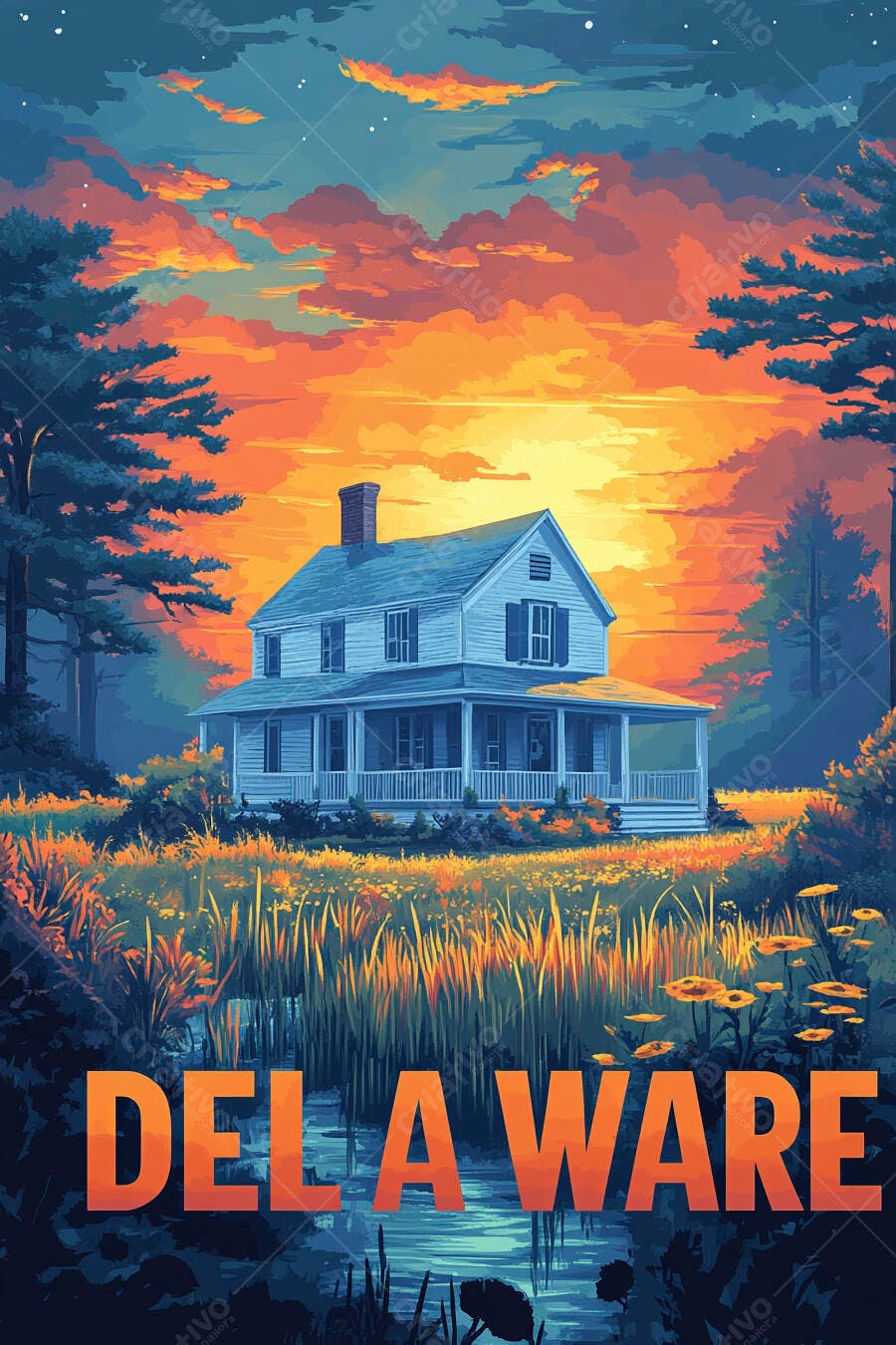 Casa colonial branca com pôr do sol laranja em paisagem rural de Delaware
