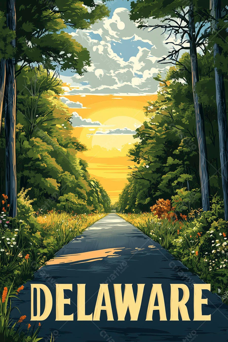 Estrada panorâmica ao pôr do sol na floresta de Delaware