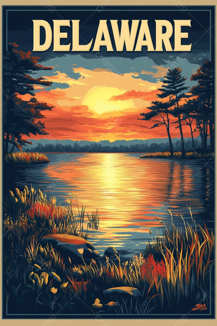 Poster estilo vintage Delaware pôr do sol laranja sobre lago e floresta