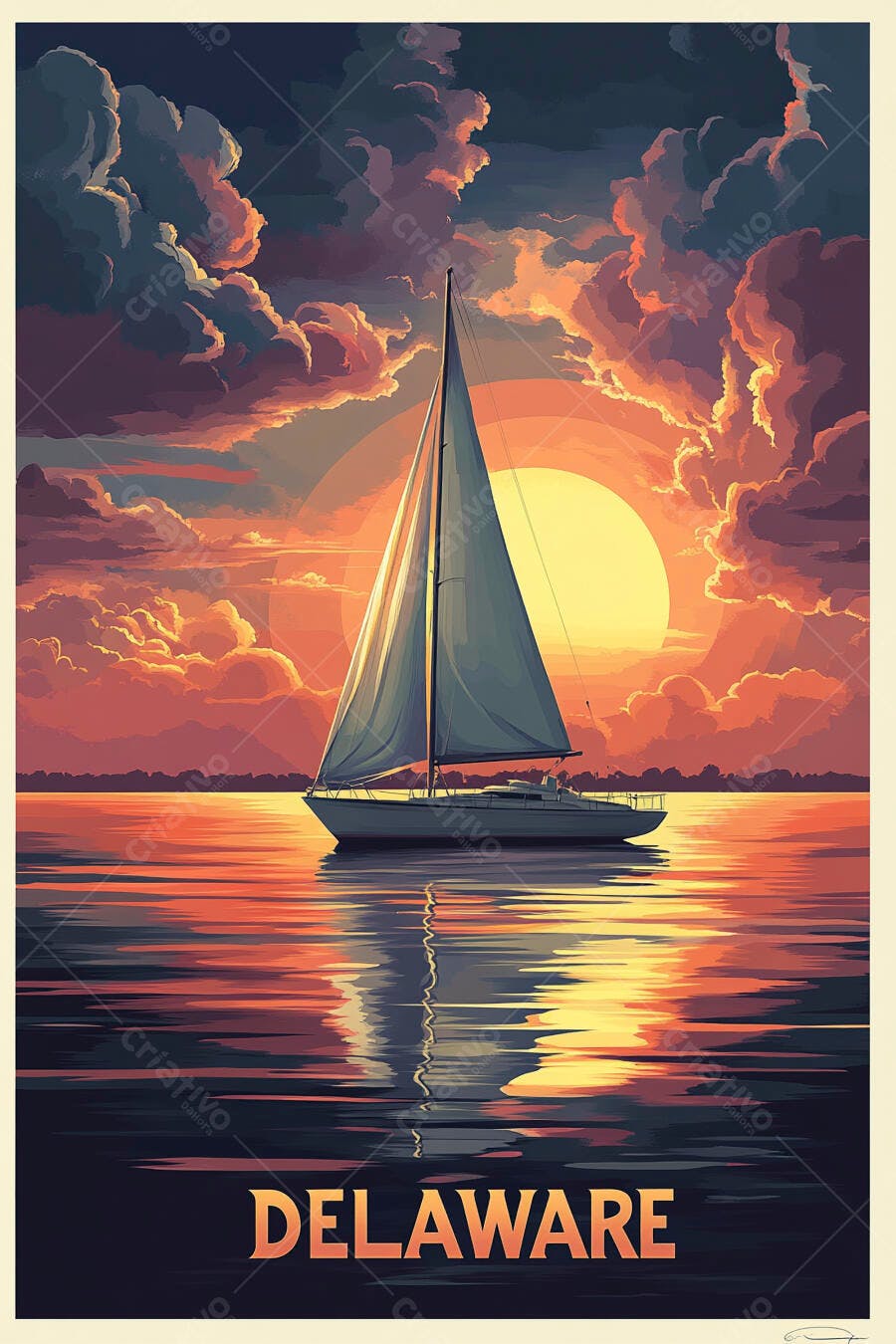 Veleiro branco em pôr do sol laranja e roxo sobre água calma estilo pôster Delaware