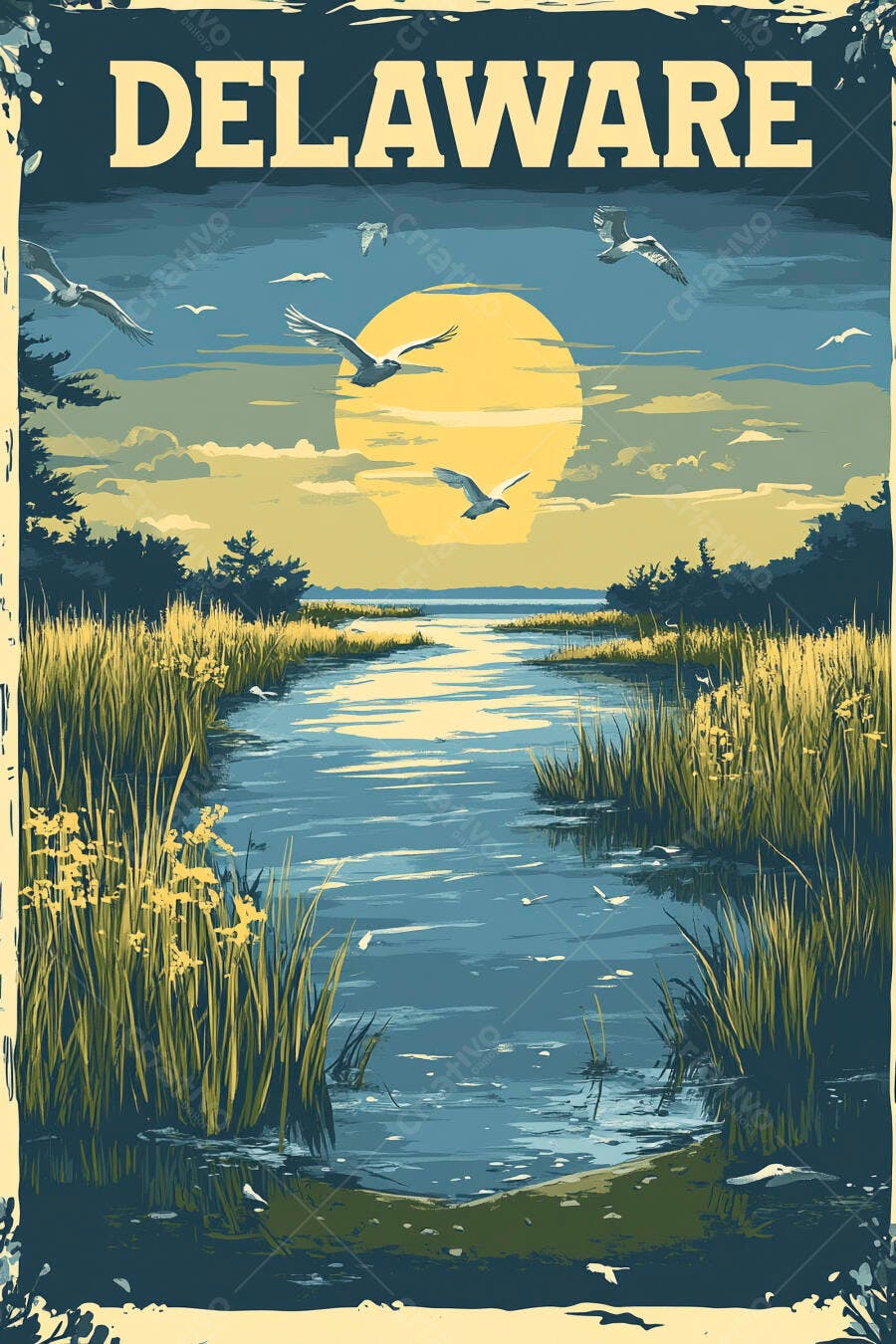 Delaware pântano aves voando sol amarelo pôster arte vintage