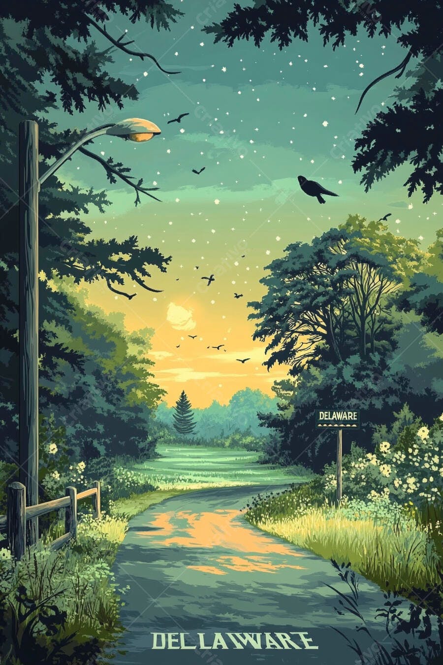 Estrada rural no Delaware ao entardecer com floresta densa e céu estrelado