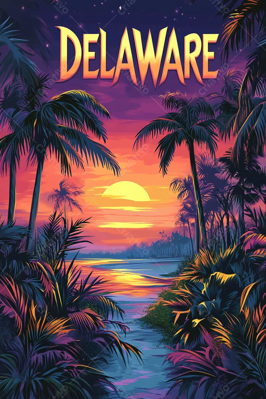 Paisagem tropical pôr do sol vibrante com palmeiras e rio em Delaware
