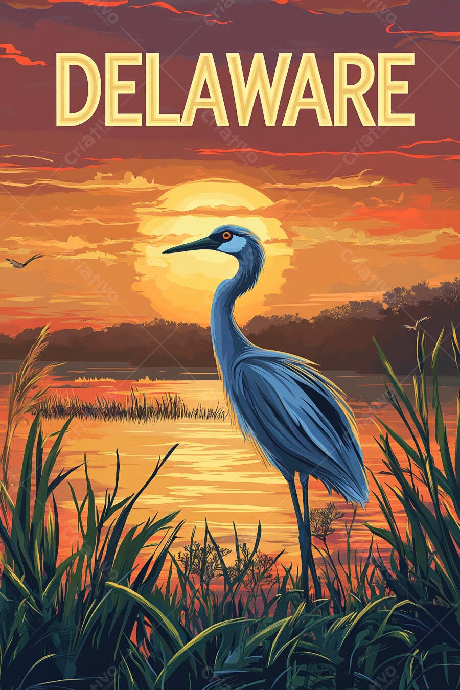 Garça azul no pântano de Delaware ao pôr do sol laranja