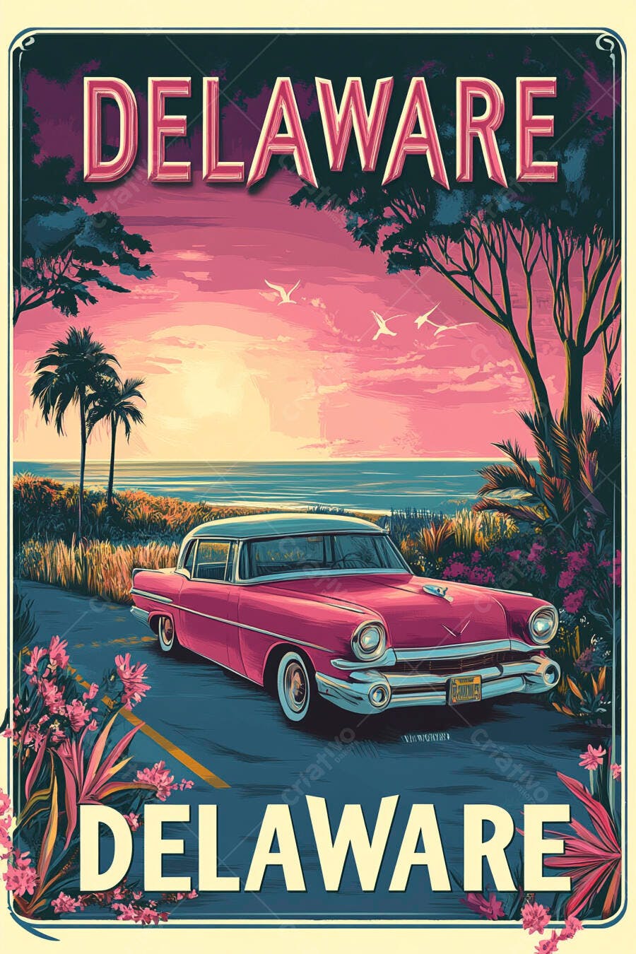 Poster de viagem vintage Delaware carro rosa e azul pôr do sol costeiro