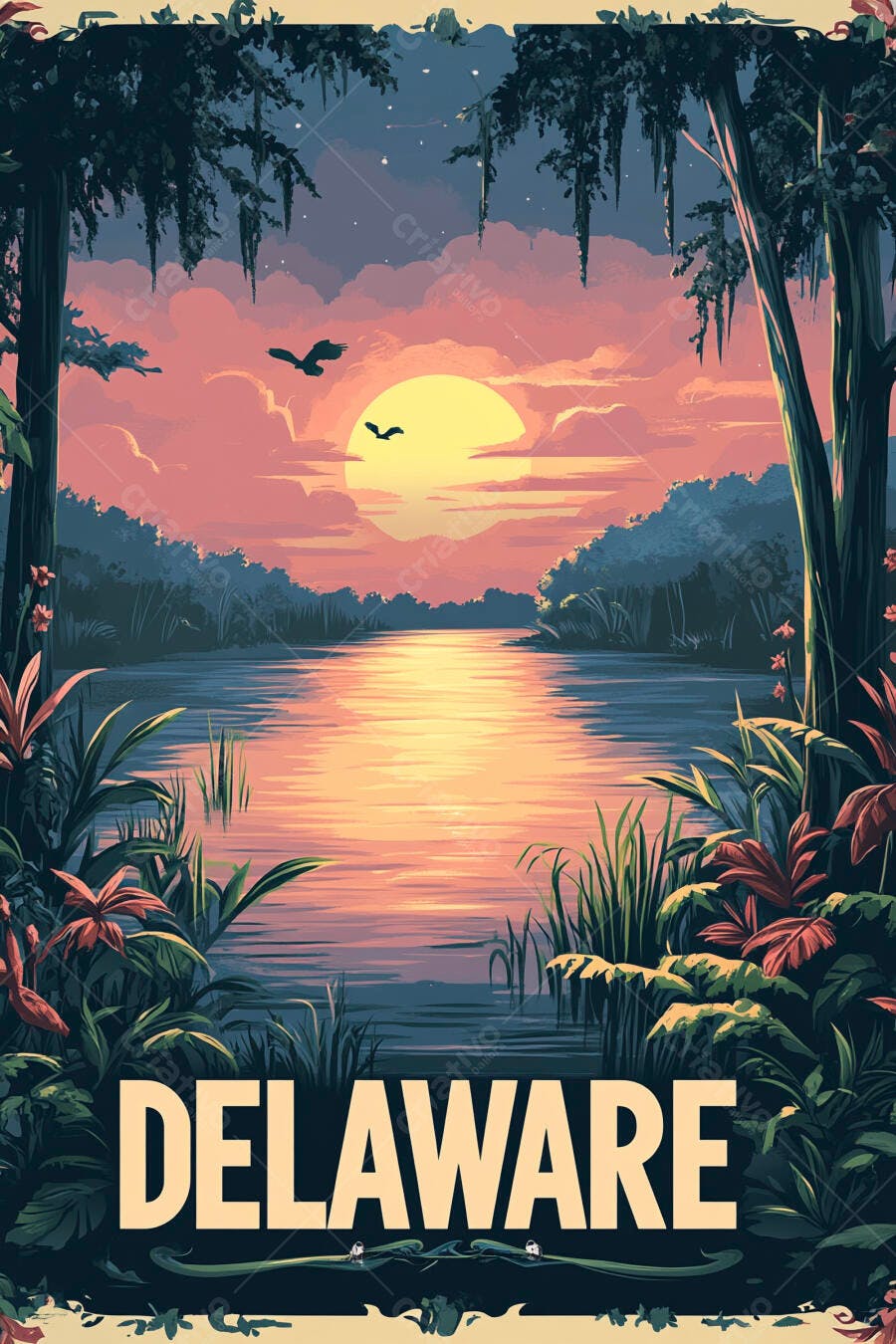 Pôster Delaware pôr do sol rio com flora e aves estilo vintage
