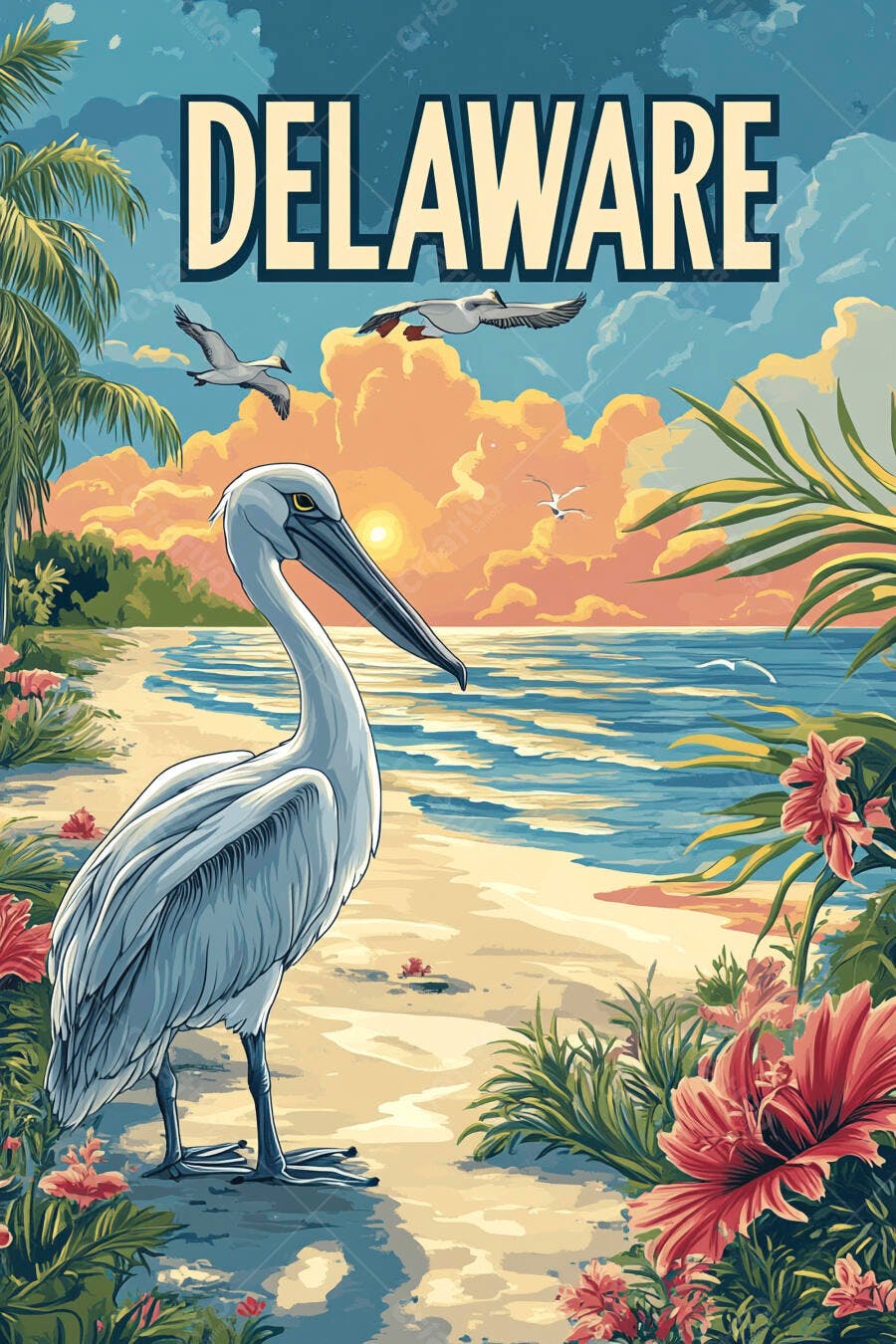 Garça branca na praia tropical de Delaware ao pôr do sol com palmeiras e céu laranja