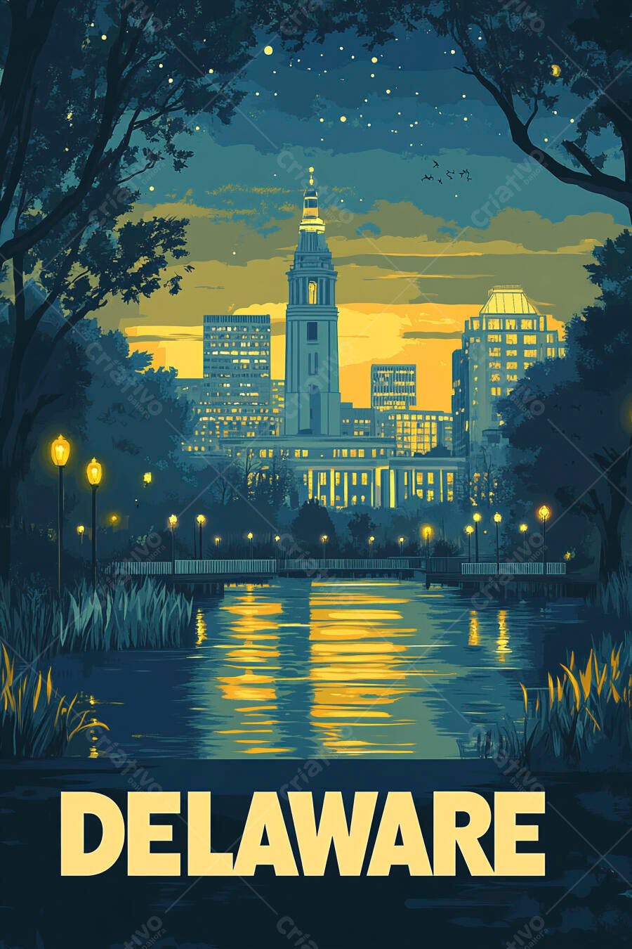 Ilustração skyline Delaware ao anoitecer rio luzes douradas e edifícios