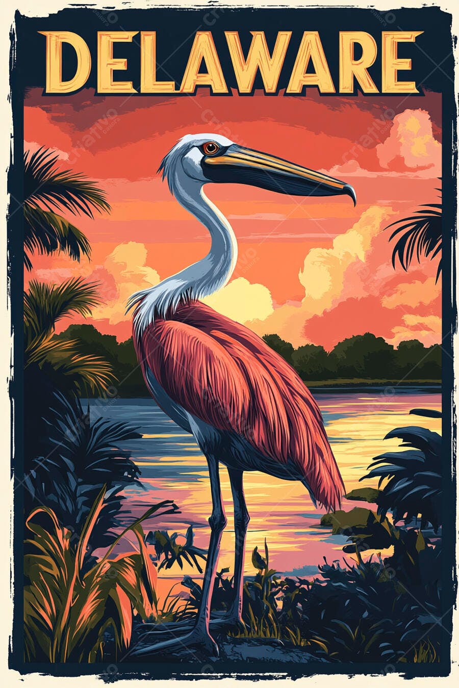 Ave aquática rosa no pôr do sol vibrante em Delaware poster